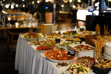 Buffet spread with salads and antipasti at Marina restaurant.